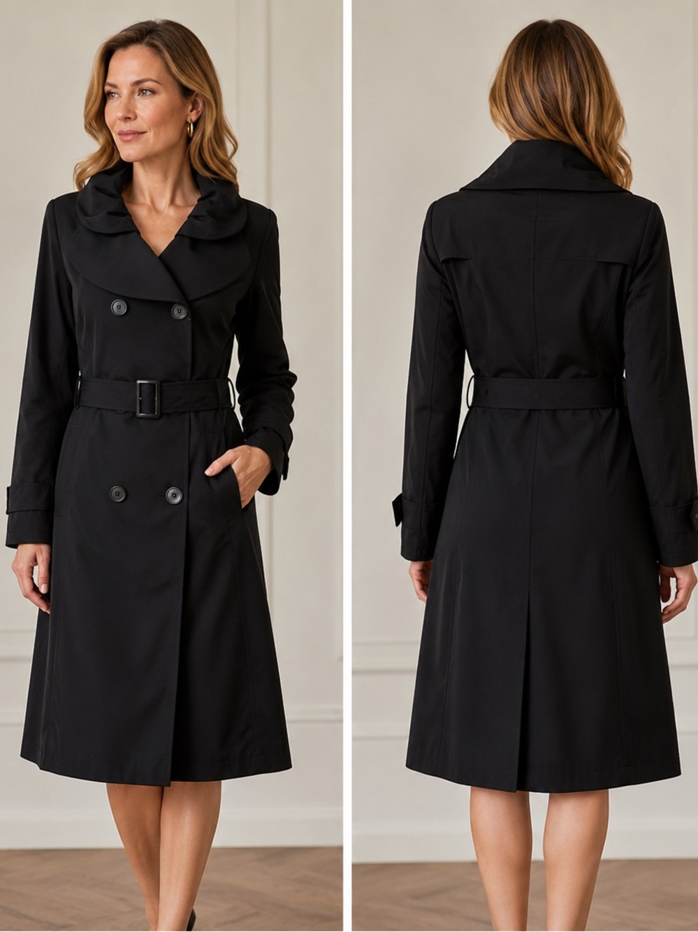 NWT WOMEN TRENCH COAT BLACK DOUBLE-BREASTED BELTED LINED DOUBLE‎ COLLAR JACKET